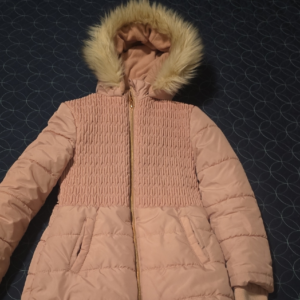 Guess Pink Puffer Jacket with Faux Fur Hood